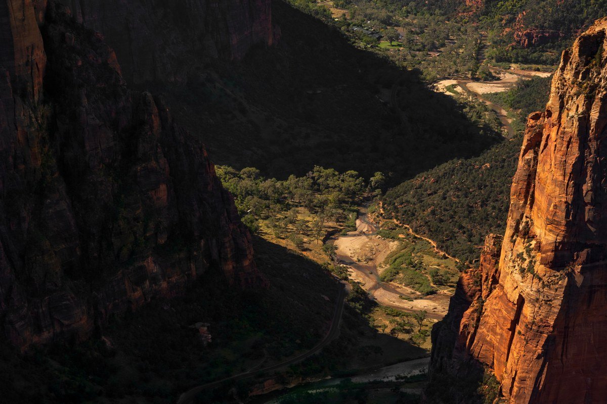 Angels Landing Zion National Park chain section switchbacks at dawn light