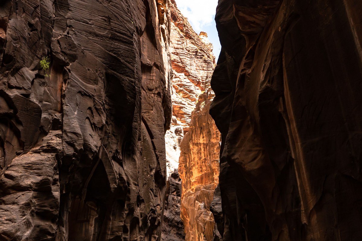 hiker rappelling into Pine Creek Canyon Zion with sandstone walls and a keeper pothole below