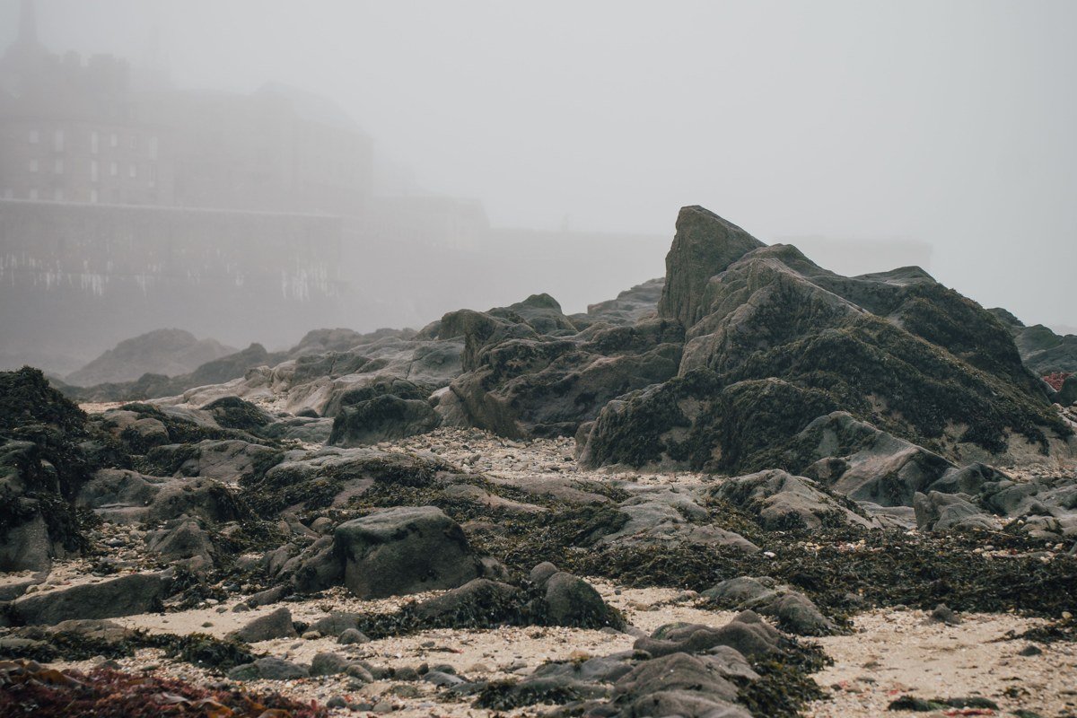 Haystack Rock emerging from thick fog at Cannon Beach, Oregon, silhouette at low tide