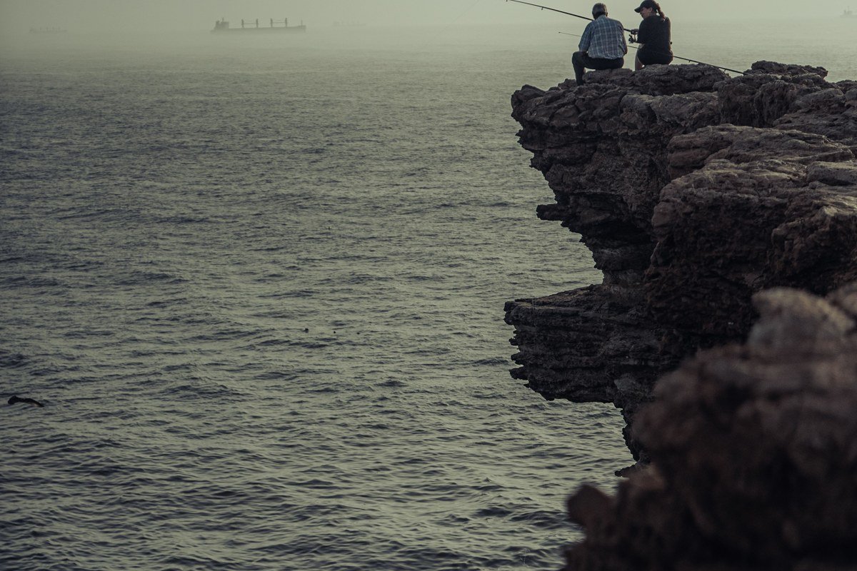 Schoodic Point granite shoreline wrapped in morning fog, Maine