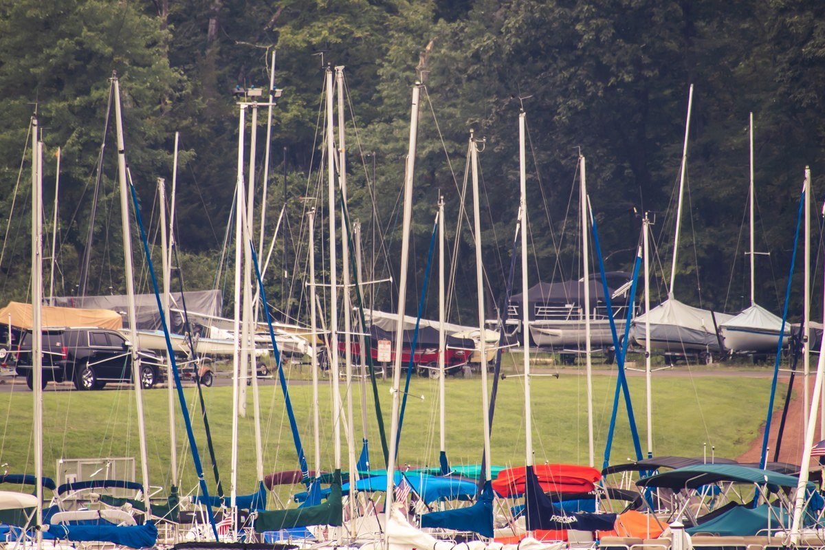 Bayfield Wisconsin harbor marina with sailboats and Lake Superior waterfront shops