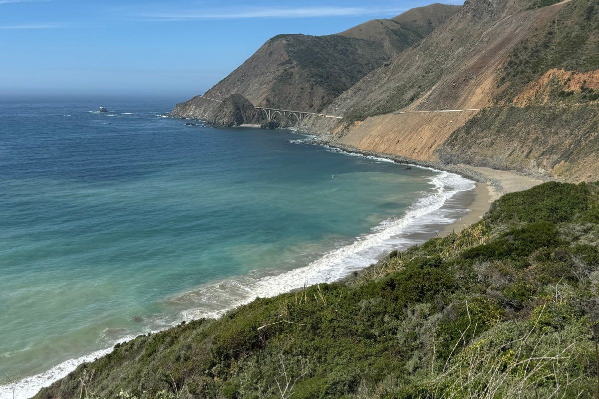Nacimiento-Fergusson Road hairpin curves climbing steep mountainside above Big Sur coastline, California