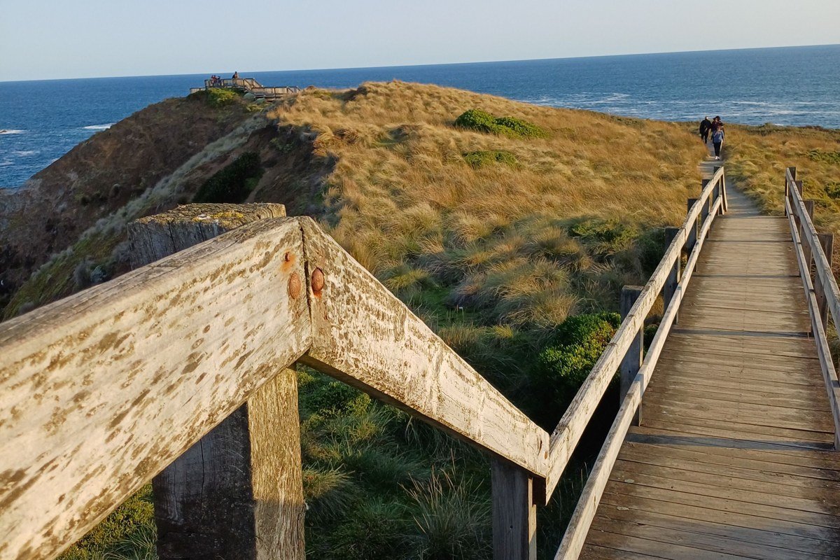 Cambria California Moonstone Beach boardwalk at sunset with cypress trees