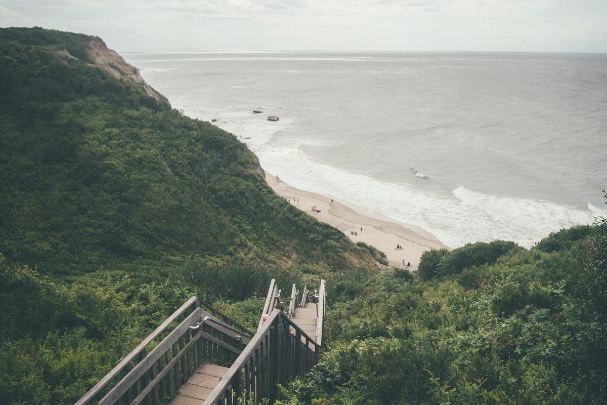 Marconi Beach Wellfleet tall dunes and wooden staircase to the ocean