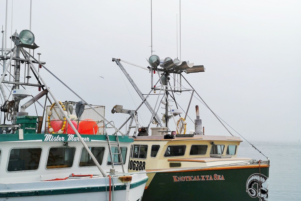 Boothbay Harbor Maine fog drifting between lobster boats and footbridge