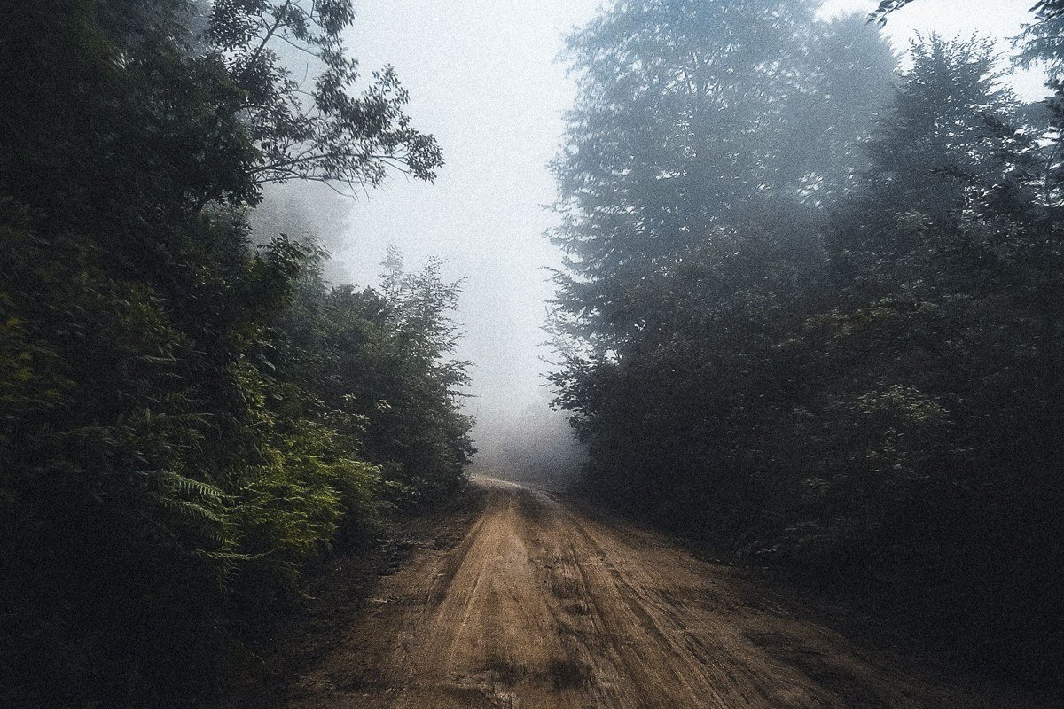 Monhegan Island Maine fog over cliffs and lighthouse with no cars on dirt road