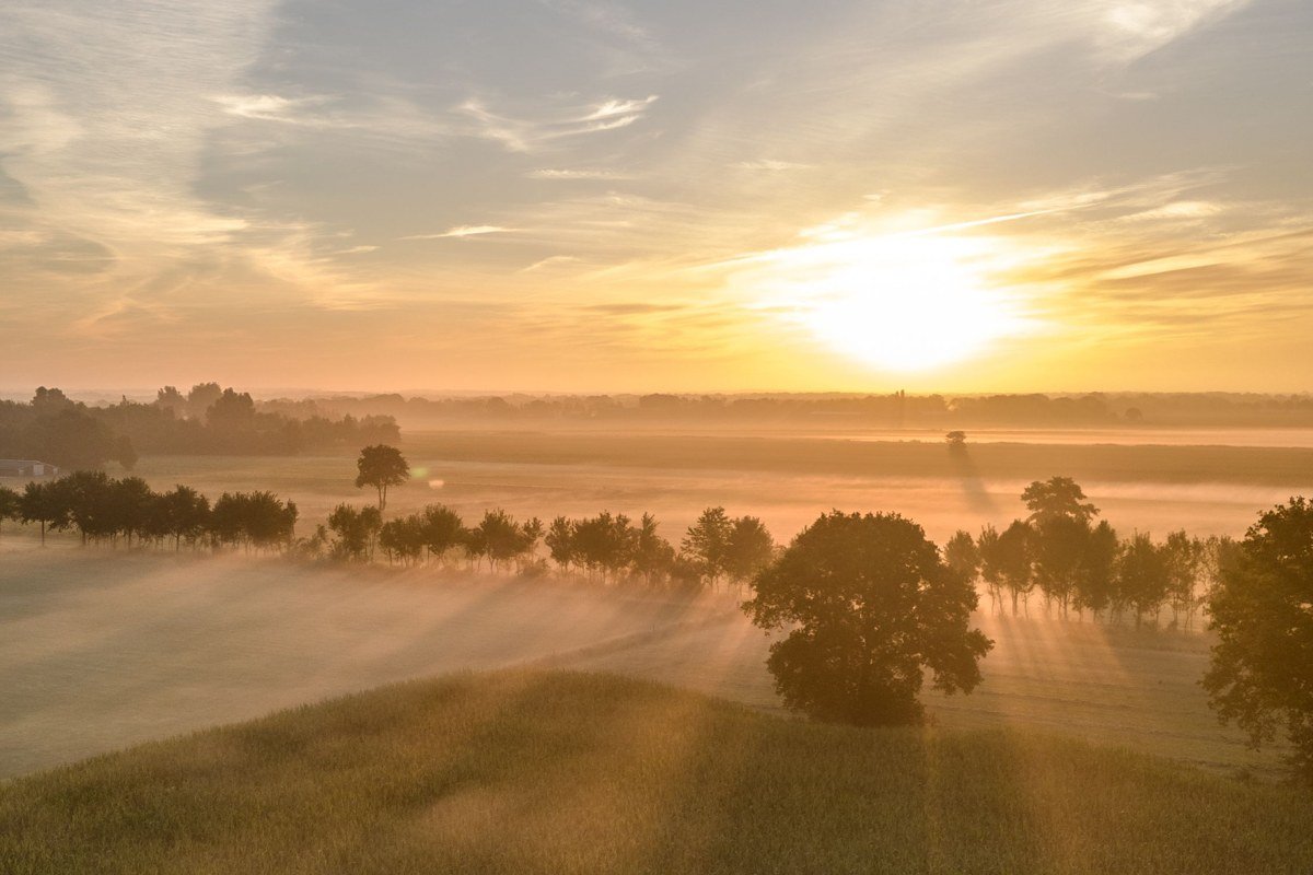 wide aerial view of Finger Lakes New York vineyards and mist-covered lakes at dawn