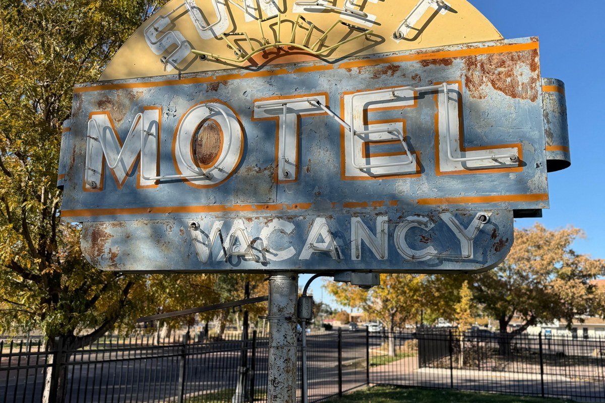 Van Horn Texas roadside motel sign on old Route 80 at dusk