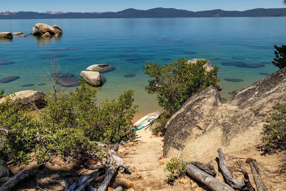 Chimney Beach Lake Tahoe trail through pines to rocky cove