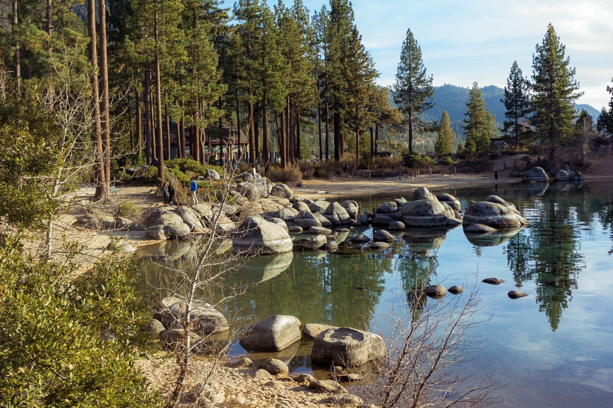 Whale Beach Lake Tahoe secluded sandy cove with pine forest backdrop