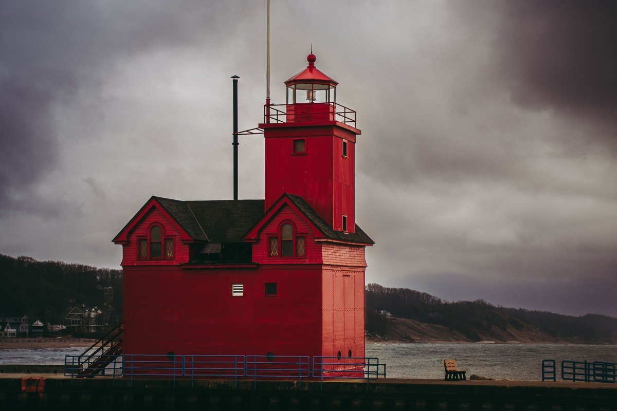 New Buffalo Michigan lighthouse and marina at dusk, Lake Michigan shoreline