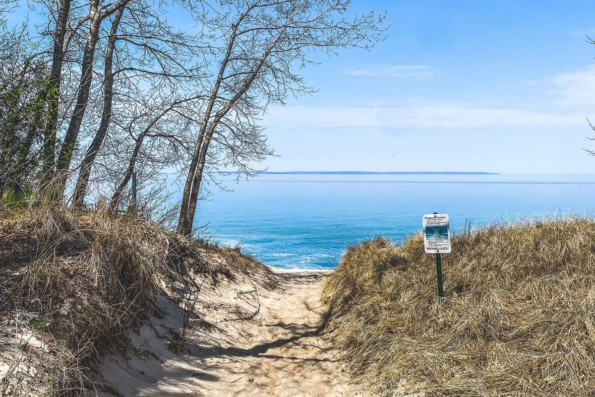 Glen Arbor Michigan Sleeping Bear Dunes overlook with Lake Michigan in background
