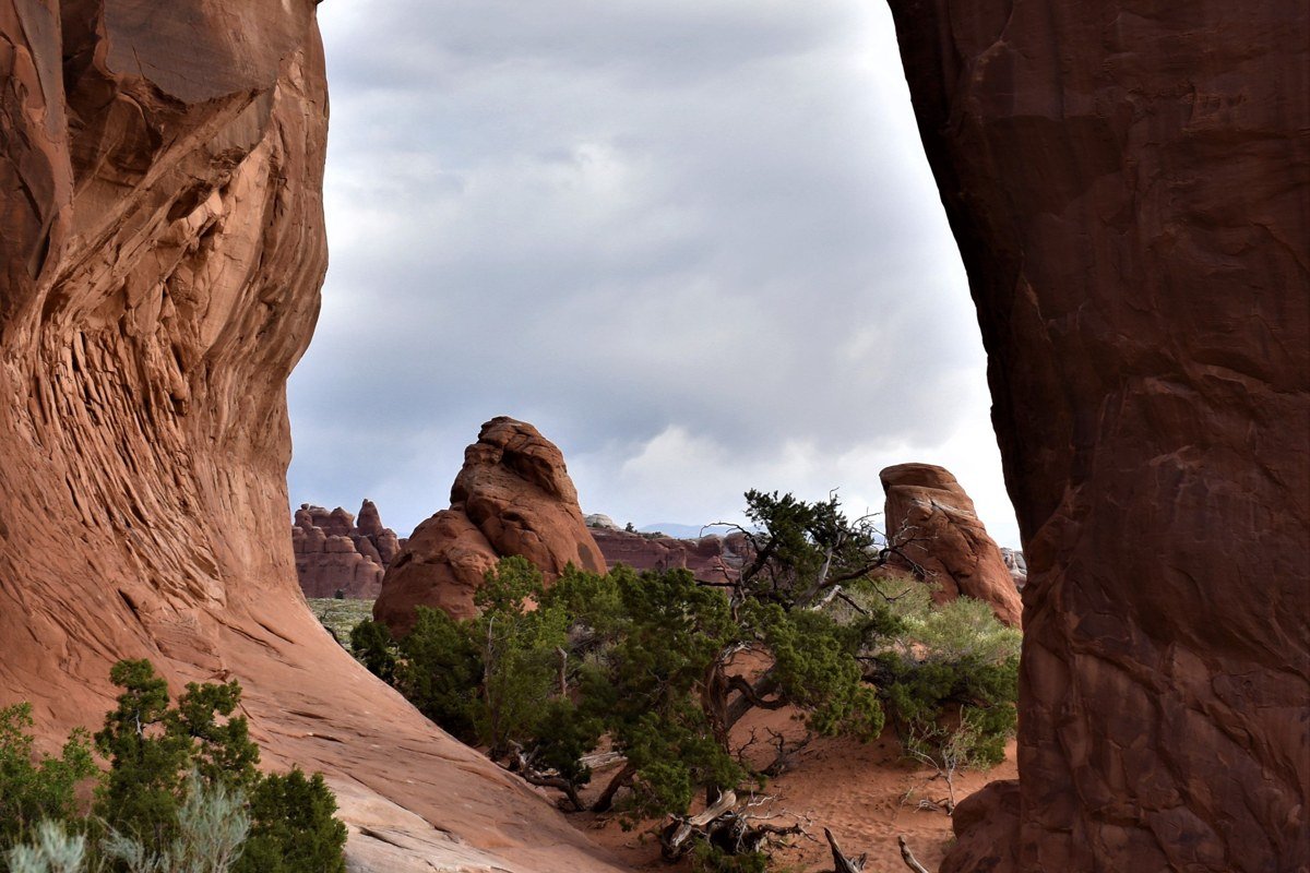 lesser-visited trail in Arches National Park Utah with red rock formations and empty path