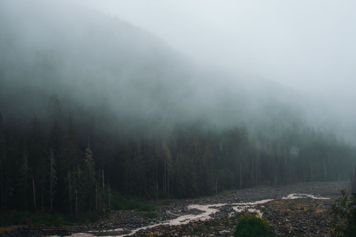Five Mile Island Hoh River Trail gravel bar with fog over river and distant mountains
