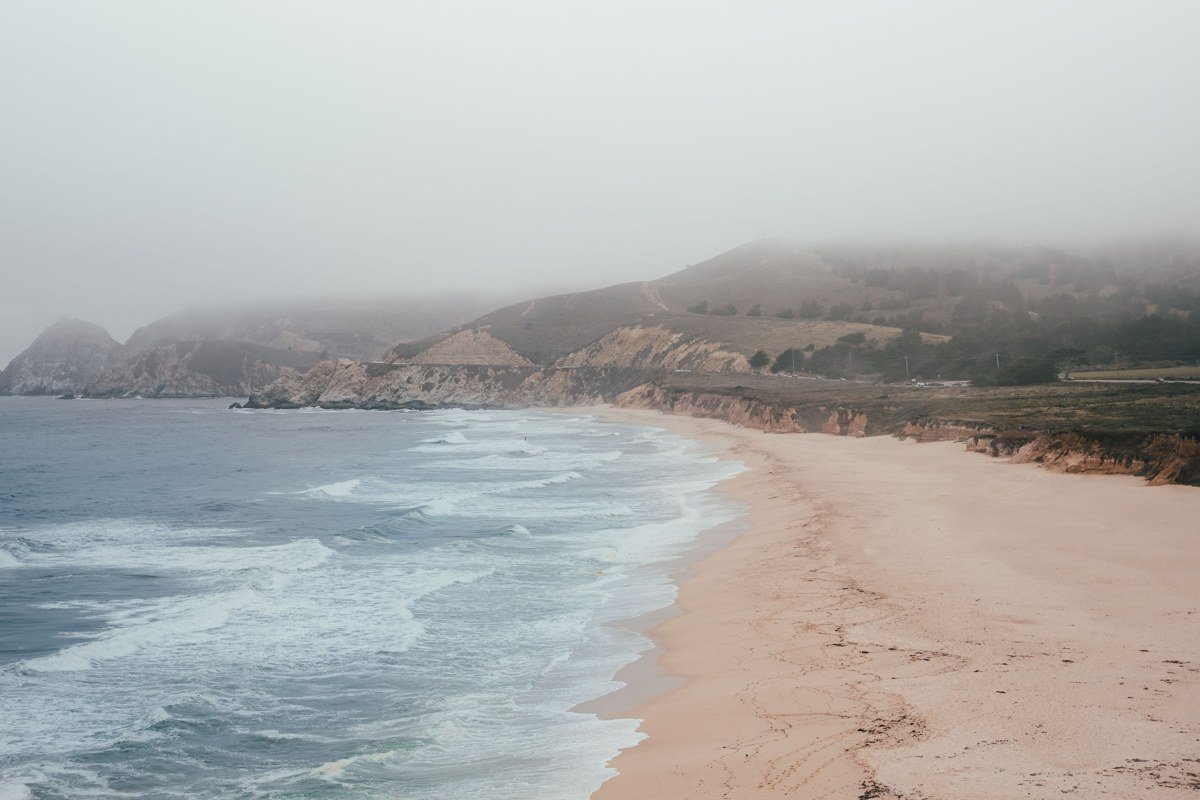 Coastal Drive bluff overlook with thick ocean fog bank, Redwood National Park California
