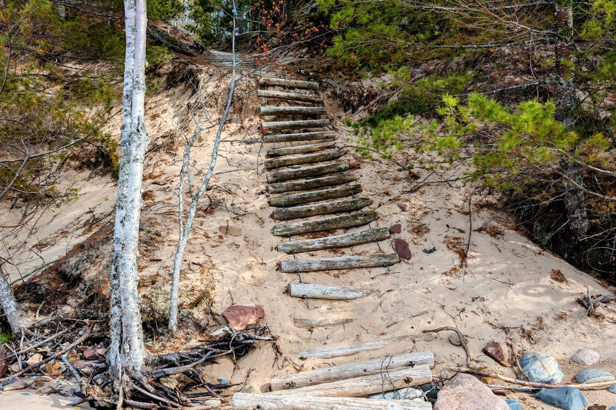 misty sand dunes and driftwood at Brevort Lake Michigan shoreline