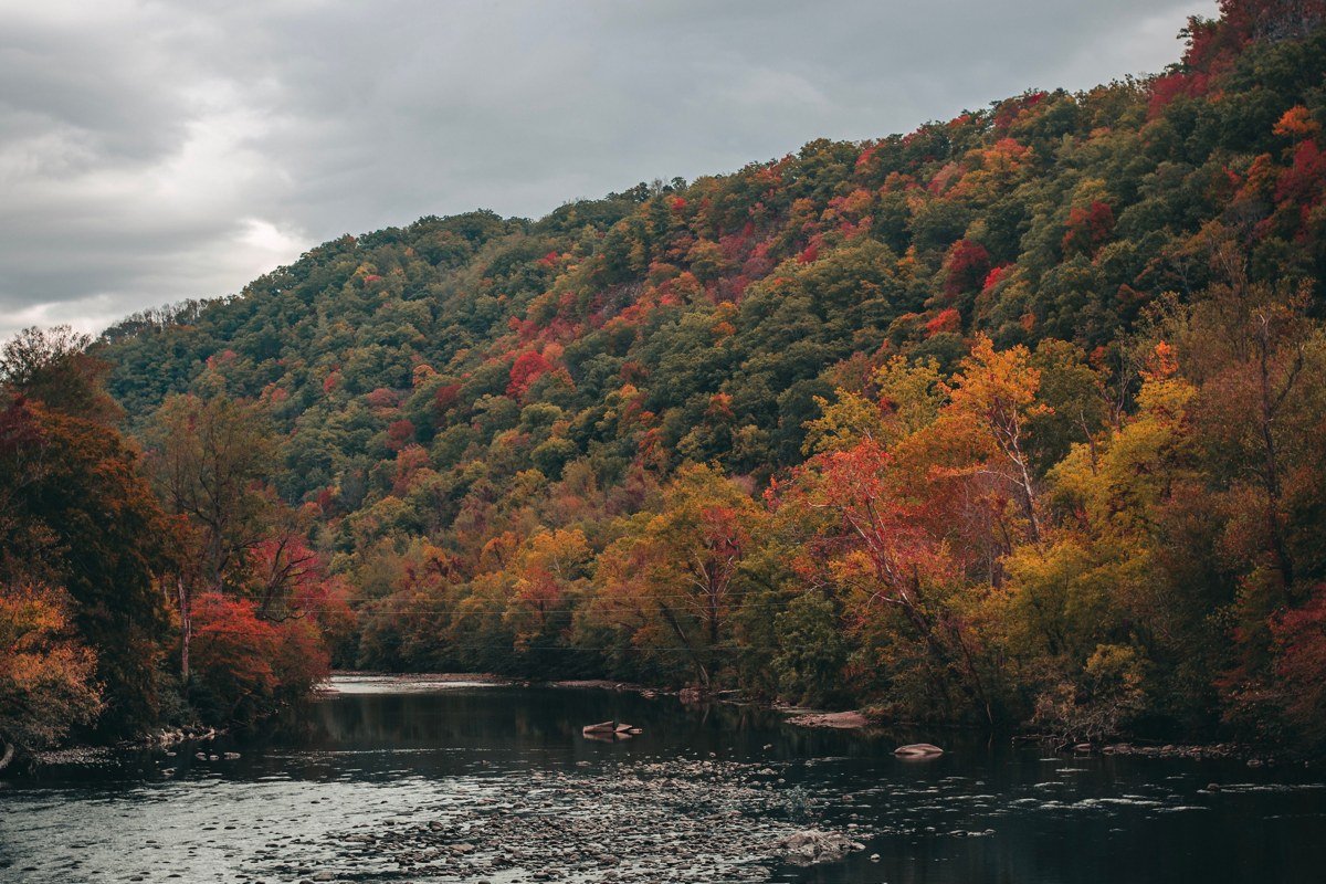New River Gorge Bridge seen from Canyon Rim Visitor Center overlook with fall foliage