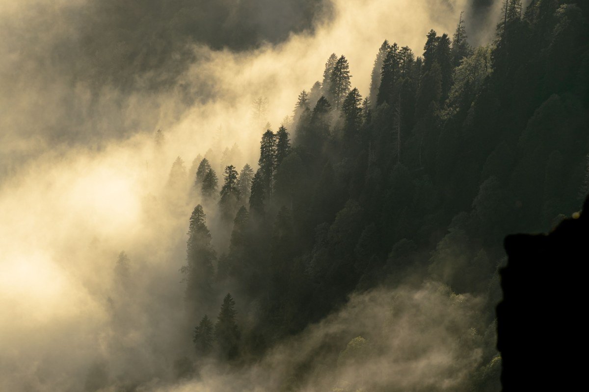 Lake of the Clouds overlook Porcupine Mountains fog layer over lake at dawn