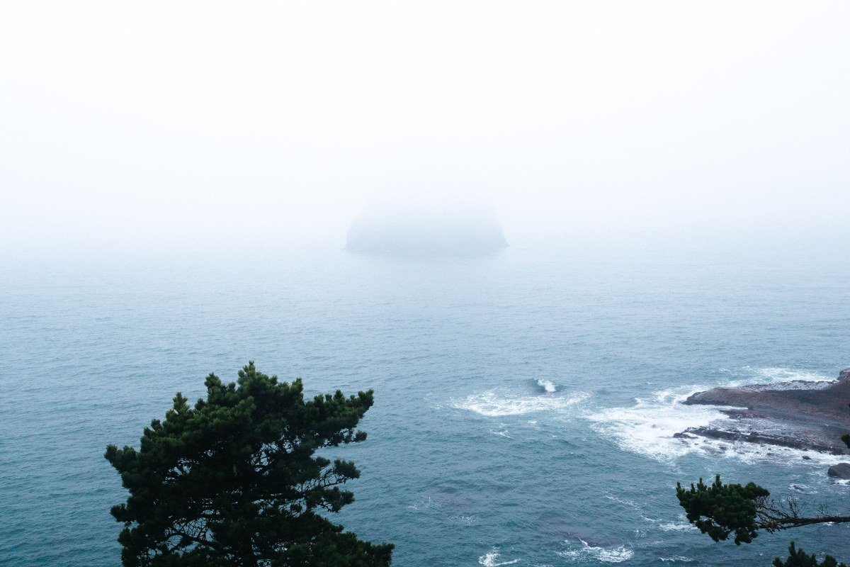Cape Perpetua overlook Oregon dense fog obscuring Pacific Ocean view from cliff edge